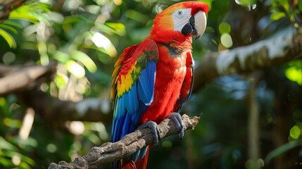 Obraz premium A brightly colored parrot perches on a tree branch, its feathers a rainbow of hues that light up the rainforest.