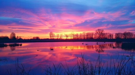 Fototapeta premium Serene Sunset Over Rural Landscape with Reflective Waters