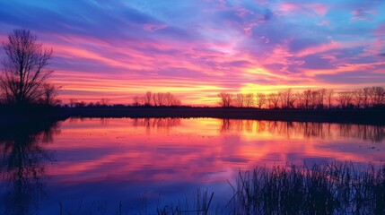 Obraz premium Serene Sunset Over Rural Landscape with Reflective Waters