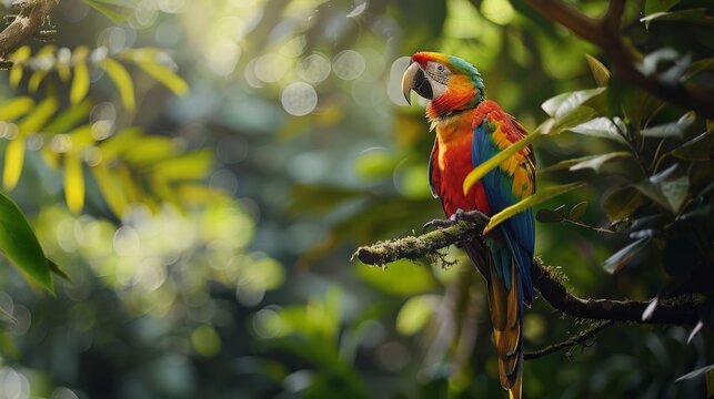 A brightly colored parrot perches on a tree branch, its feathers a rainbow of hues that light up the rainforest.