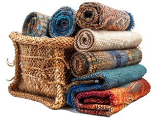 A variety of colorful carpets and rugs, some rolled up and some folded, sit on a white background.