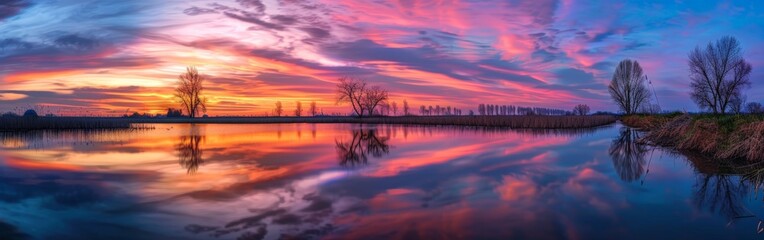 Obraz premium Serene Sunset Over Rural Landscape with Reflective Waters