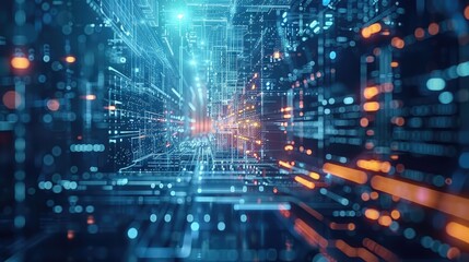 Fototapeta premium Computer generated image of a city with a blue sky and orange lights. The image is of a futuristic cityscape with a lot of lights and a lot of movement. Scene is one of excitement and energy