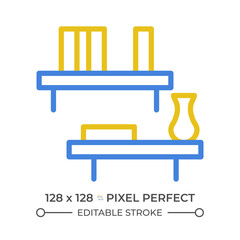 Floating shelves two color line icon. Living room organization. Bedroom decoration. Furniture online shopping bicolor outline symbol. Duotone linear pictogram. Isolated illustration. Editable stroke