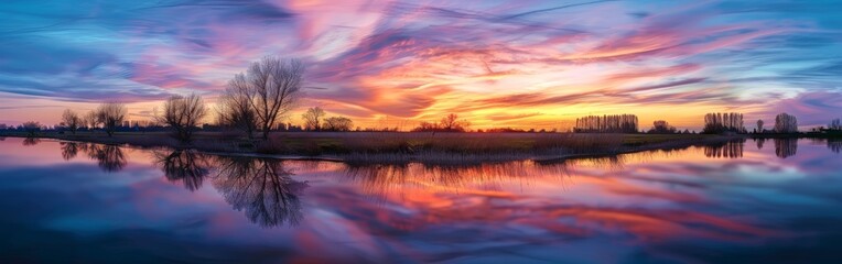 Fototapeta premium Serene Sunset Over Rural Landscape with Reflective Waters