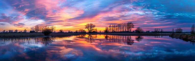 Serene Sunset Over Rural Landscape with Reflective Waters