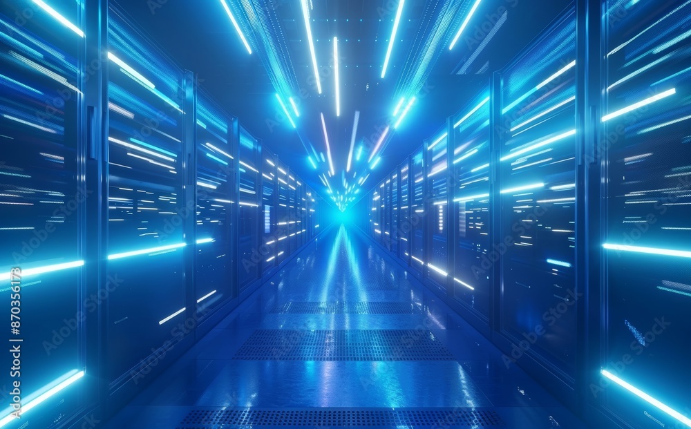 Poster the server racks in a computer network security server room at a data center, simulated in 3d.