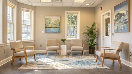 Fototapeta premium Light-filled therapist office with comfortable chairs and soothing artwork on the walls.