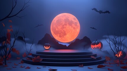 Halloween background with podium for product display,Moon and flying bats, pumkins,Geometric podium for product display on orange background,Halloween theme. 3d rendering.