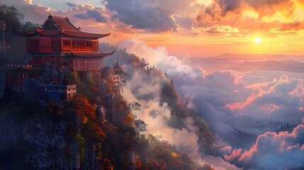 a painting of a building on a mountain side with a sunset in the background and clouds in the sky