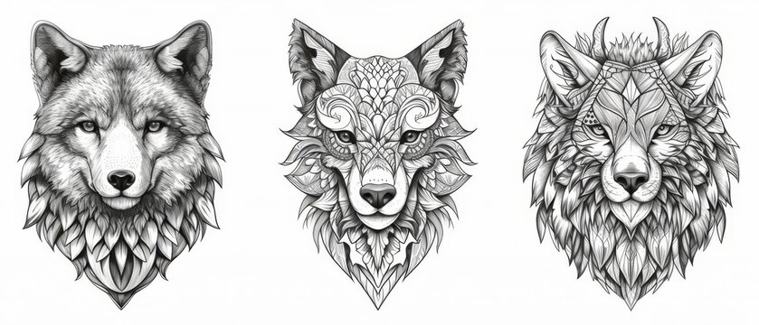 mandala set collection Coloring Book mandala animals Coloring Book. design featuring a wolf head, created art, wild animal symbolism