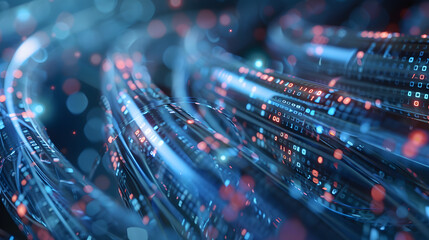 Glowing data fiber optic cable network, information transfer background