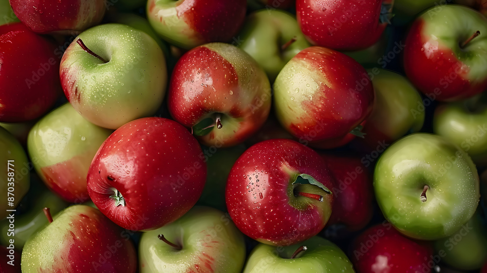 Poster Fresh ripe red and green apples as background, top view - Posters