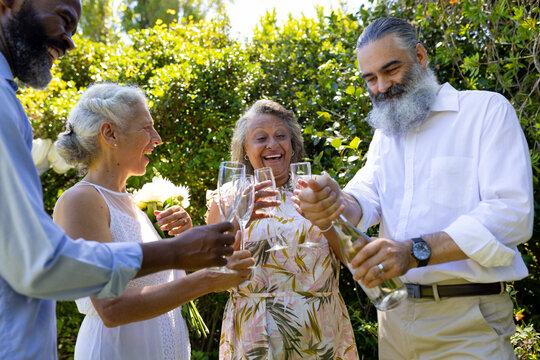Celebrating outdoor wedding, senior friends toasting with champagne glasses, smiling and enjoying