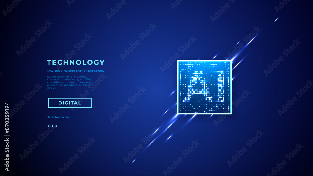 Poster Abstract digital AI chip with brightly glowing pixels and neon lightning. Semiconductor on blue technology background. Processor, Circuit electronics elements. Dark navy tech bg. Vector illustration.