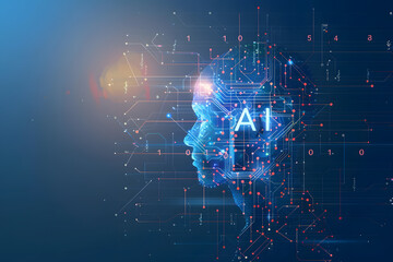 Side profile of Artificial intelligence computer head, glowing lines and big data, futuristic AI 