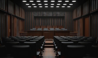 modern courtroom with rows of black chairs and wooden panels, illuminated by soft overhead lights, focusing on a judge's bench in an empty room with shadowy figures seated across