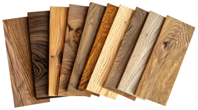 sample of oak wood set for furniture and flooring isolated on transparent white background, clipping path