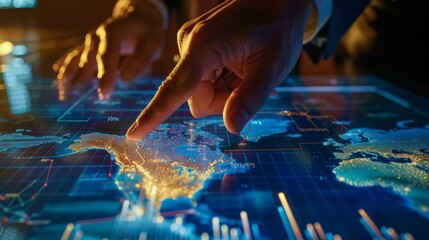 Hand Interacting with Digital World Map on Touchscreen