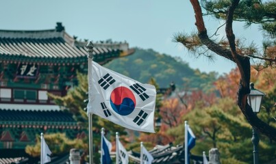 South Korean flag showing national emblem flying in front of Gyeongbokgung Palace with traditional Korean architecture and lush greenery symbolizing elegance and history
