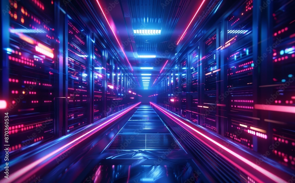 Poster a 3d rendering of servers in a data center with network security.