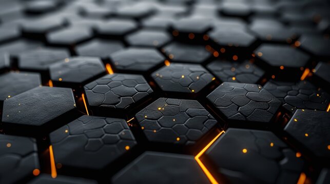 Abstract background of glowing orange lines on a black hexagonal grid.