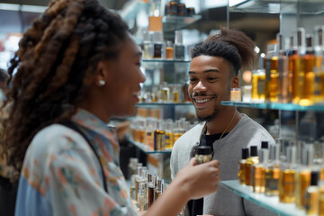 Smiling young afro american cosmetics salesman showing perfume products to customer in cosmetics boutique