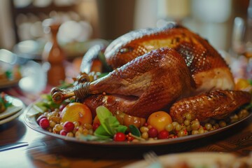 Thanksgiving  Turkey Sits On Platter Ready For Holiday Dinner