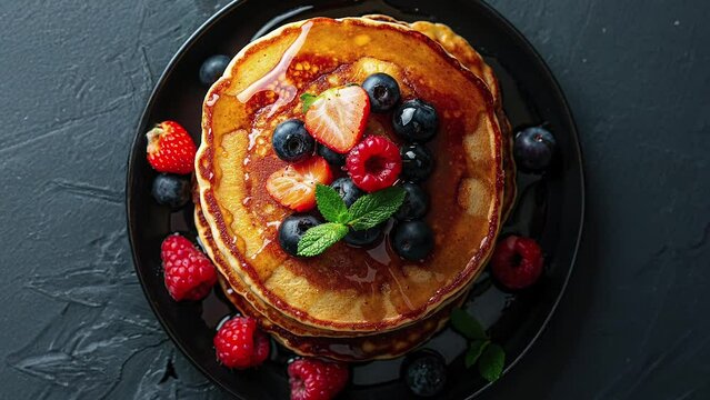 Delicious Stack of Pancakes with Fresh Berries and Syrup