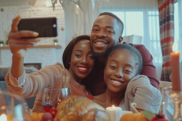 Obraz premium Happy black family having fun on Thanksgiving while taking selfie in dining room.