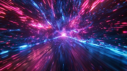 Fototapeta premium Abstract digital tunnel with blue and pink neon light streaks. Futuristic and dynamic.