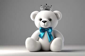 White teddy bear wearing a crown and blue bow tie  A teddy bear looks happy and cheerful sitting on a white background.