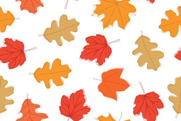 Seamless pattern of bright autumn leaves drawn in a continuous line. Autumn leaf in one line style. Composition of various leaves. Leaves with a simple outline. Vector 