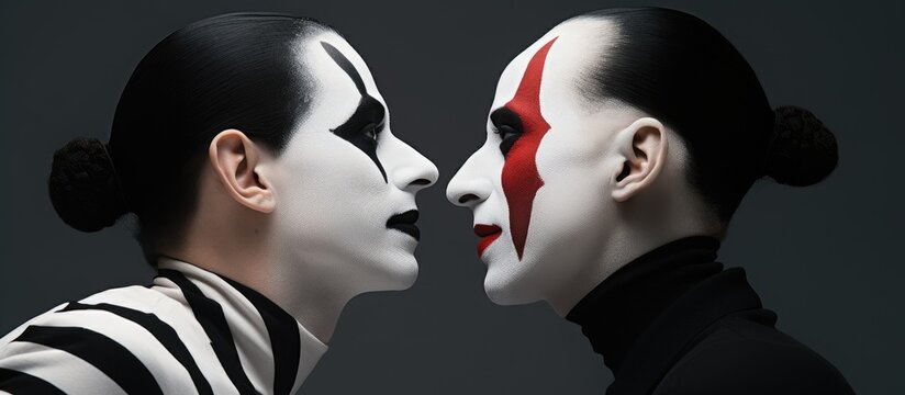 Close-up image of two mimes passionately facing each other against a grey backdrop with space for text. with copyspace image