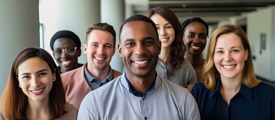 Diverse colleagues in their 30s and 50s posing for a team photo. Includes both interns and coaches. Demonstrates teamwork in an office setting with copy space image.