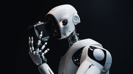 Robot, artificial intelligence, takes pictures with a camera, the concept of Photographer Day. AI generated.