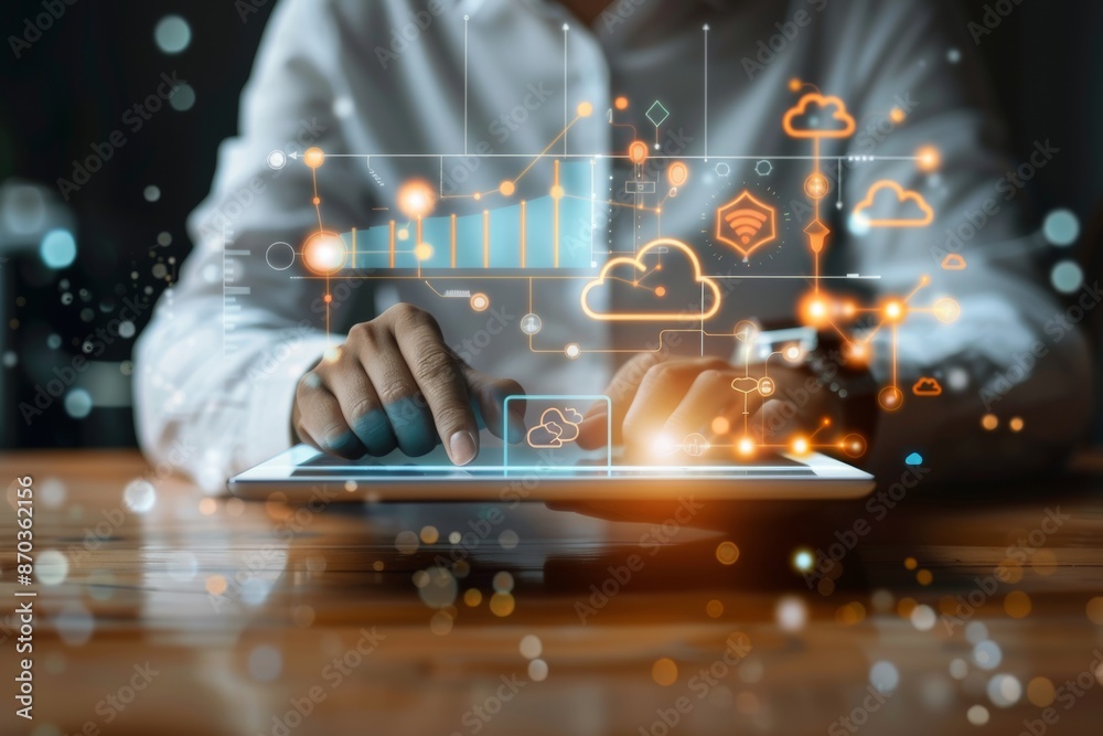 Poster the cloud system administration technology concept depicts a business man using a tablet computer to