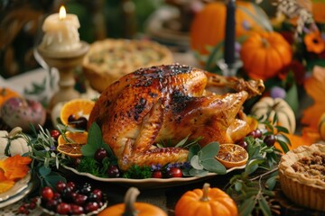 Traditional Thanksgiving dinner with roasted turkey and festive decor.