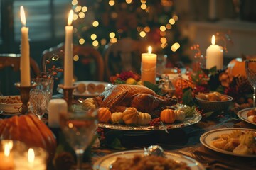 Naklejka premium Thanksgiving Celebration Traditional Dinner Setting Food Concept
