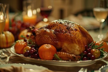 Thanksgiving  Turkey Sits On Platter Ready For Holiday Dinner