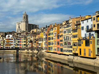 View of the old town, river and cathedral on a summer day. Gerona. Spain.