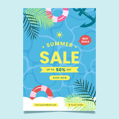 Summer sale discount poster banner template design with flat illustration