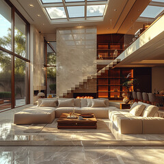 evening, on sunny days, the super large living room, super large skylight, stairs, sofa, fireplace, warm, and ultra high definition glass create a grand and ultra high definition feeling. Real time s