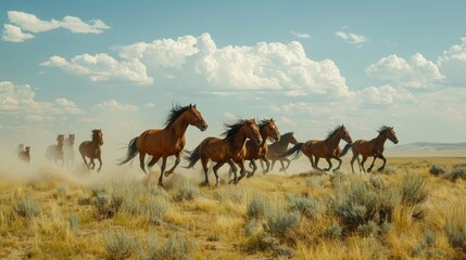 Fototapeta premium A herd of wild horses gallops across the open plains, their manes flying in the wind as they move with freedom and grace.