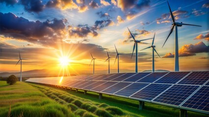 solar cell plant and wind generators under blue sky on sunset.Powerplant with photovoltaic panels and eolic turbine. clean energy, sustainable, Eco,earth day,green energy,love nature,eco energy concep