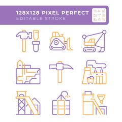 Mining industry related two color line icons set. Heavy equipment. Coal processing plant. Heavy industry bicolor outline iconset isolated. Duotone pictograms thin linear. Editable stroke