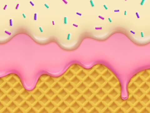 Realistic strawberry and vanilla ice cream melting drip with candy sprinkles, wafer background. 3d vector melted icing or sweet sauce drop down the waffle cone texture, liquid, syrup or cream border