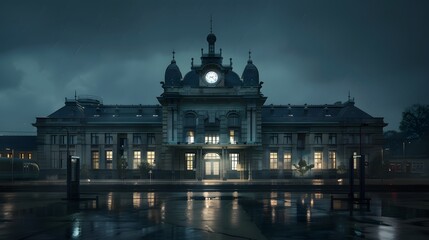 Naklejka premium a large building with a clock tower in the middle of it's front yard at night time