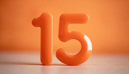 Orange plastic number 15 for banner or poster. 3D rendering. Orange backdrop. Close-up.