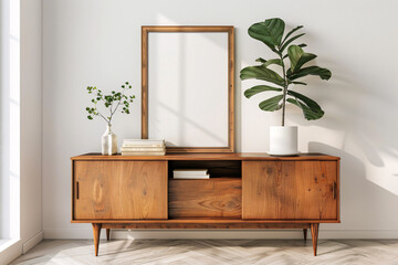 Poster frame mockup in a modern interior design in the style of mid century, wood sideboard, 3d rendering